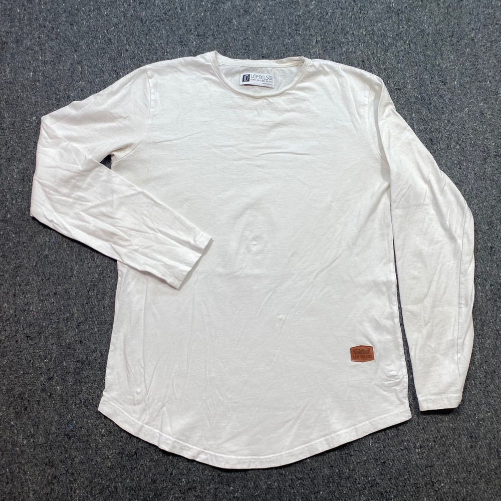 Leif Nelson Long Sleeve TShirt Sz S Mens White Streetwear Curved Hem Logo Patch‎